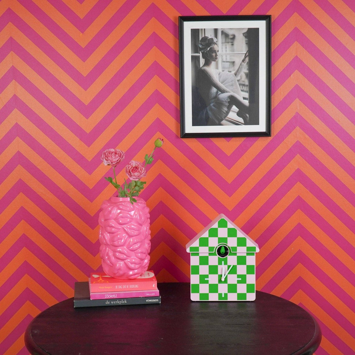 Clock - Cuckoo Wall Clock - Pattern - Green/Pink - 24x27x9cm