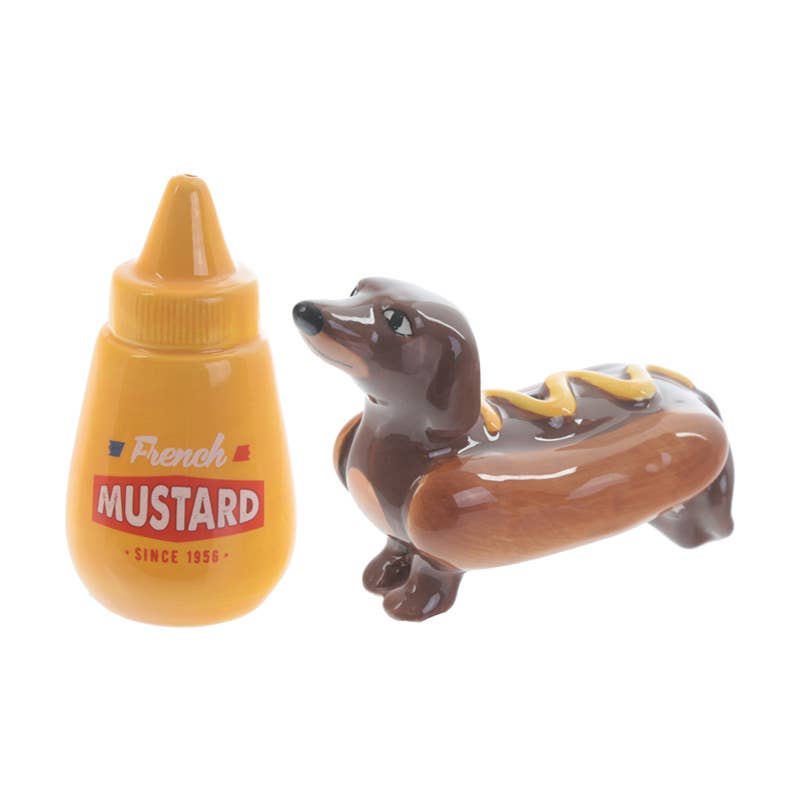 Ceramic hot dog and mustard salt and pepper shakers