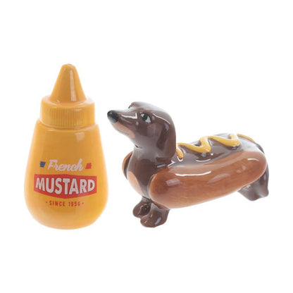 Ceramic hot dog and mustard salt and pepper shakers