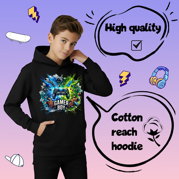 Fringoo Gamer Hoodie for Boys Cotton Rich Soft Hooded Sweatshirt - Gamer Boy Thunder Black
