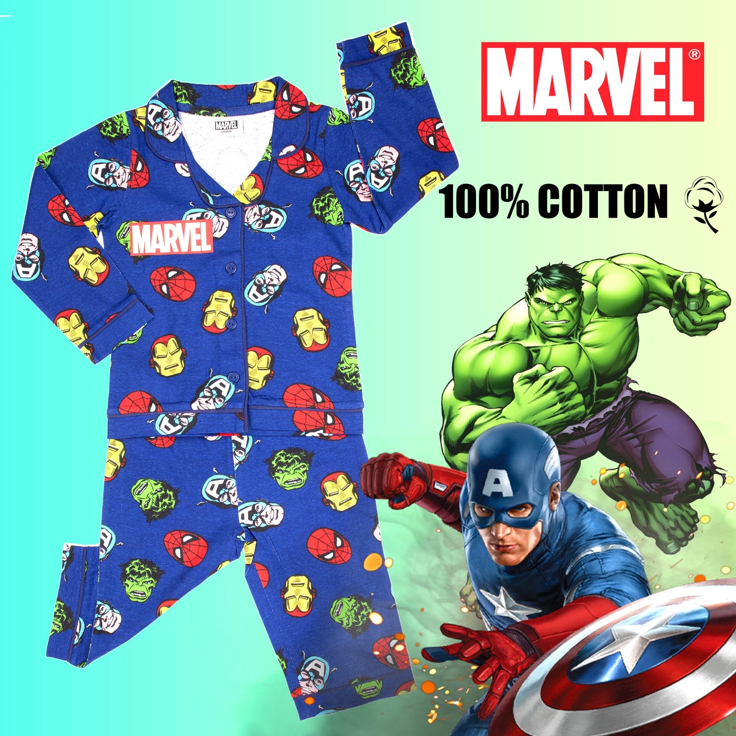 MARVEL Kids Pyjamas - Blue with Buttons