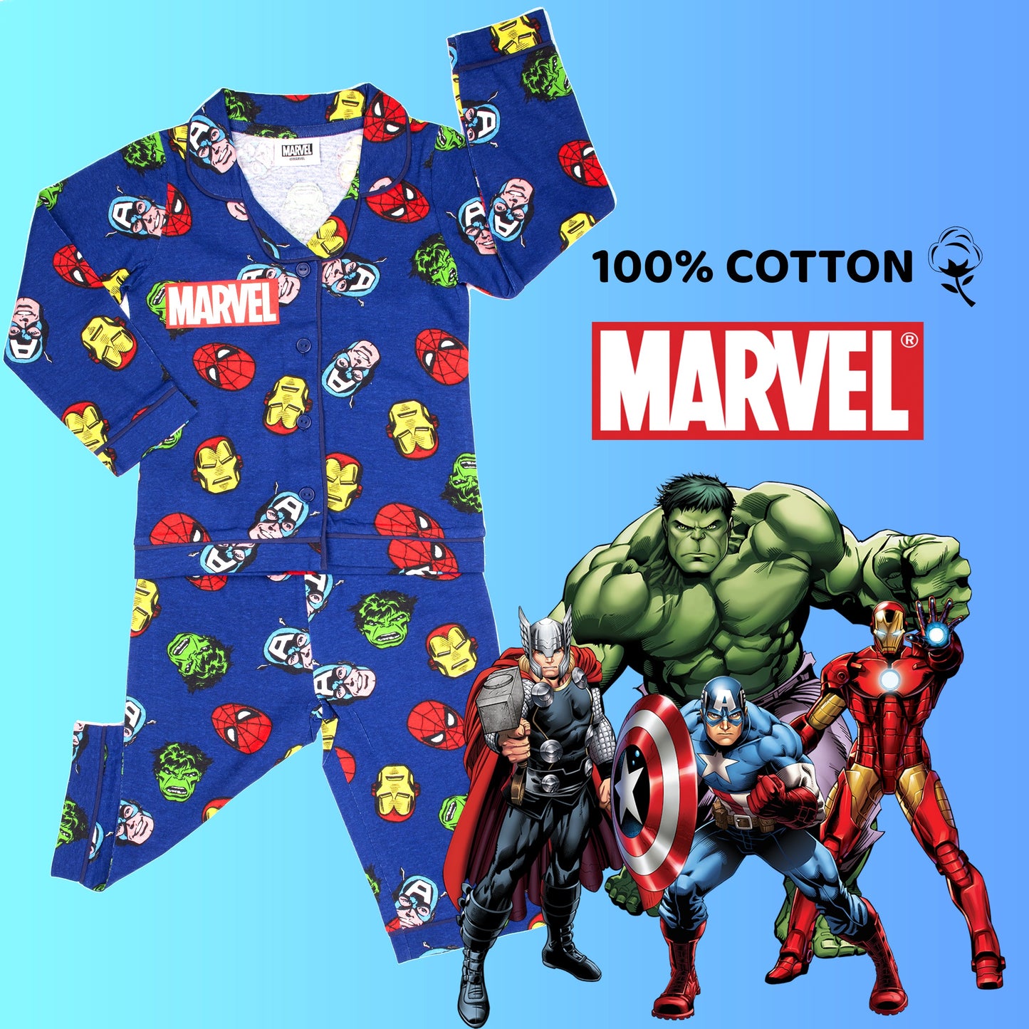 MARVEL Kids Pyjamas - Blue with Buttons