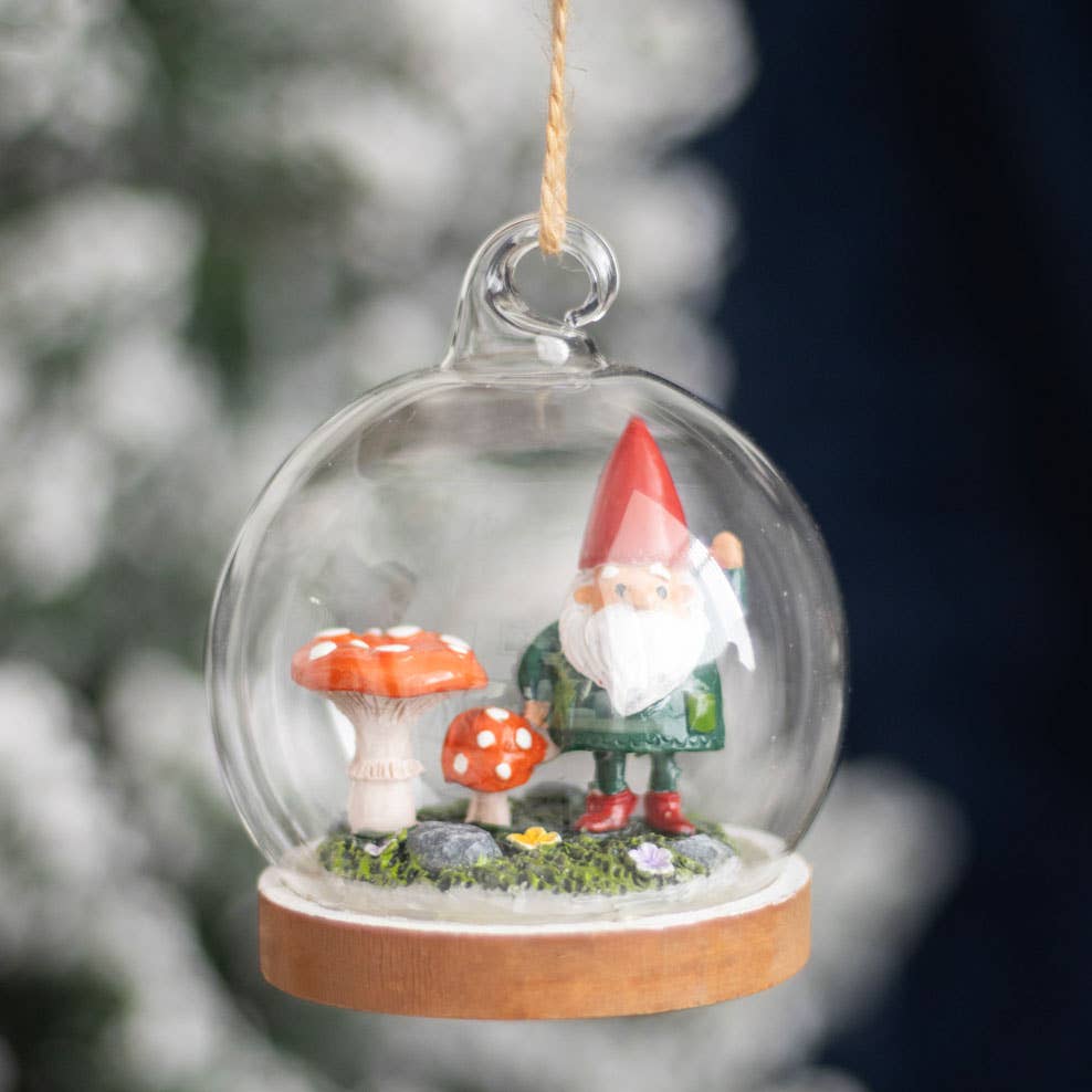 Hanging Glass Dome Decoration with Gnome and Mushrooms