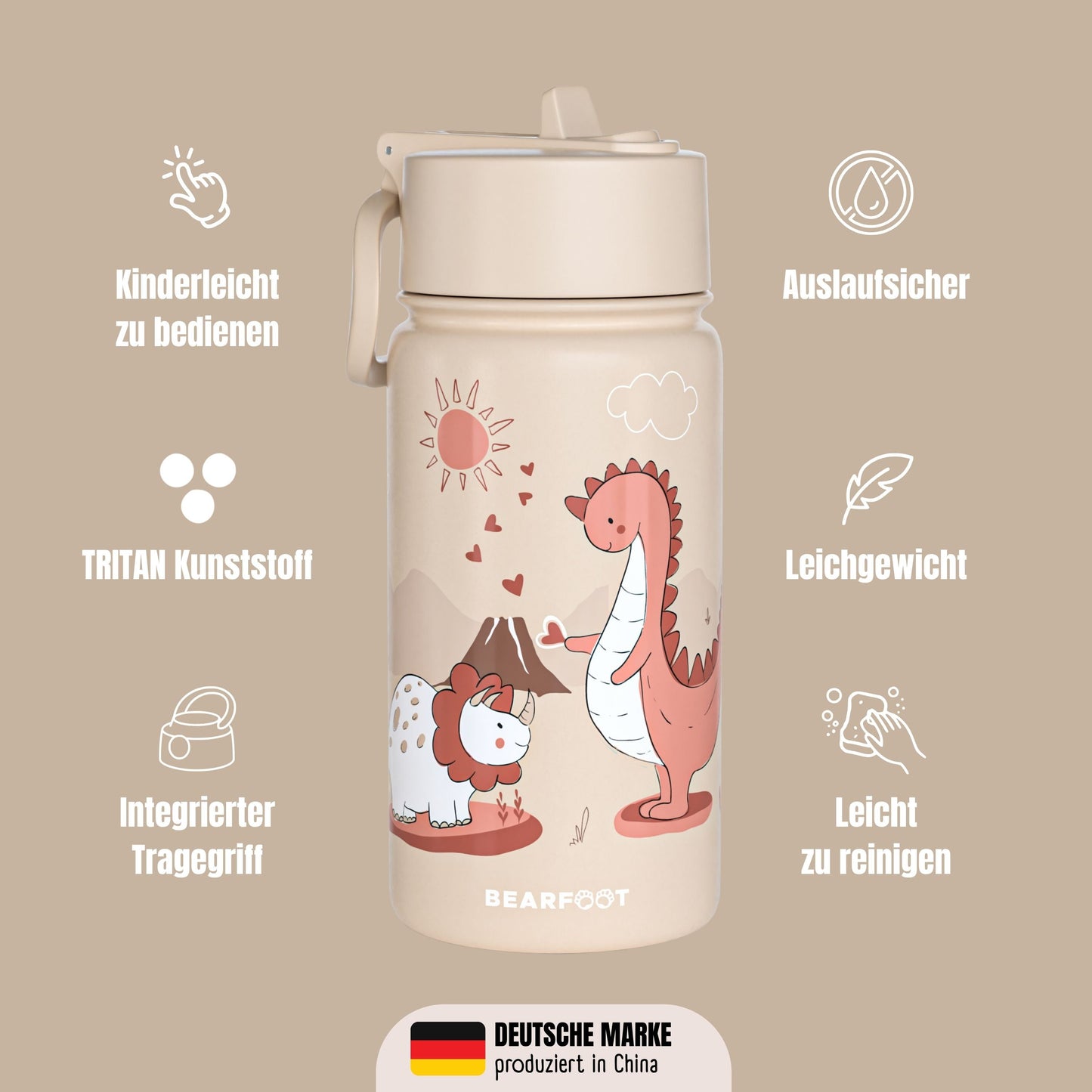 Thermo Kids Stainless Steel Drinking Bottle - Dinosaurs brown