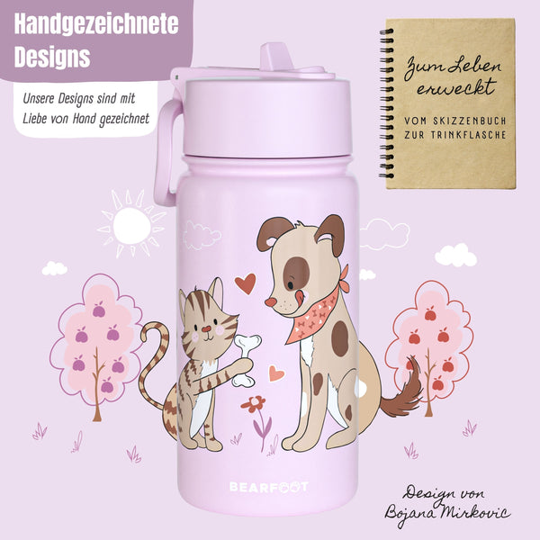 Thermo Kids Stainless Steel Water Bottle - Dog&Cat Purple