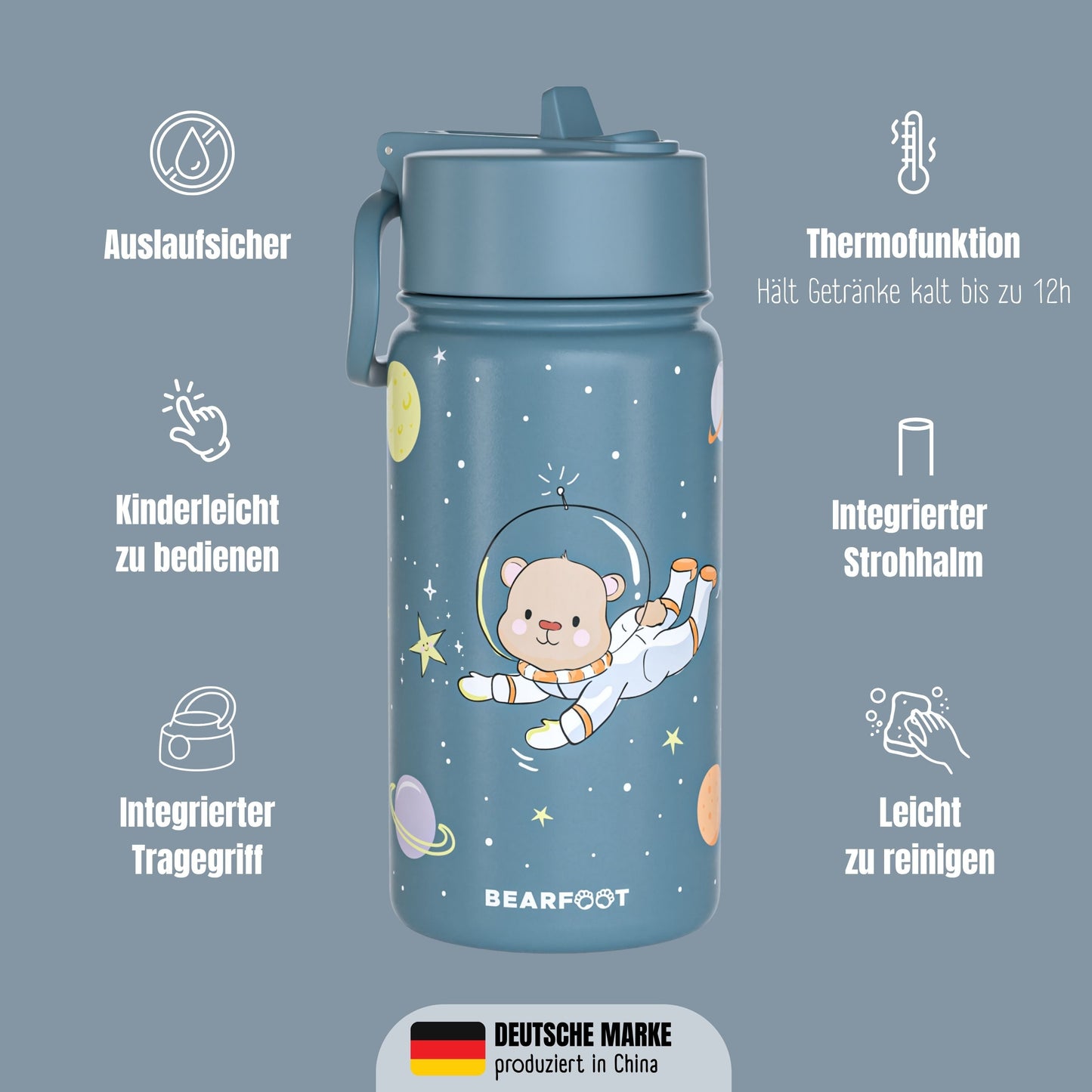 Thermo Kids Water Bottle Stainless Steel - Astro Bear blue