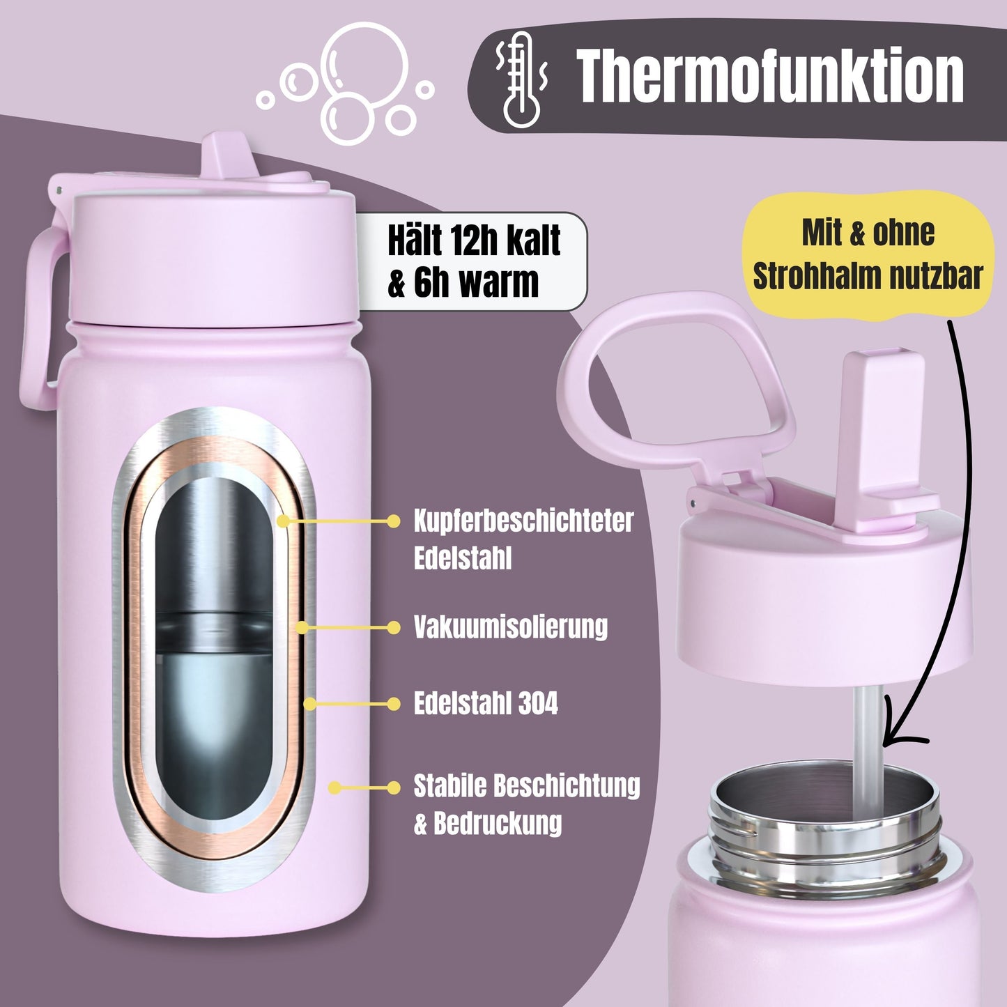 Thermo Kinder Trinkflasche Edelstahl - Einhorn lila