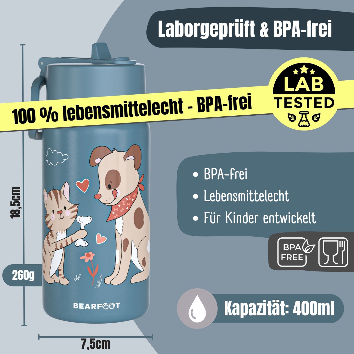 Thermo Kinder Trinkflasche Edelstahl - Hund & Katze blau