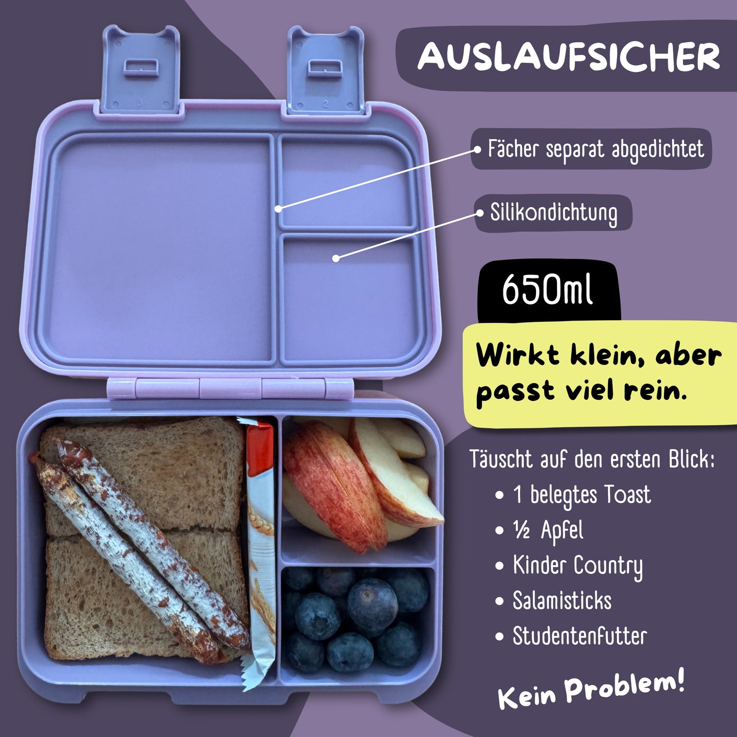 Compartmented lunch box, lightweight & leak-proof - Unicorn purple