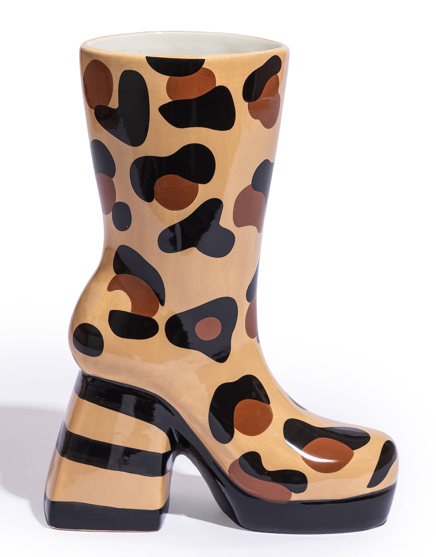 Ceramic high-heel boot vase, leopard print