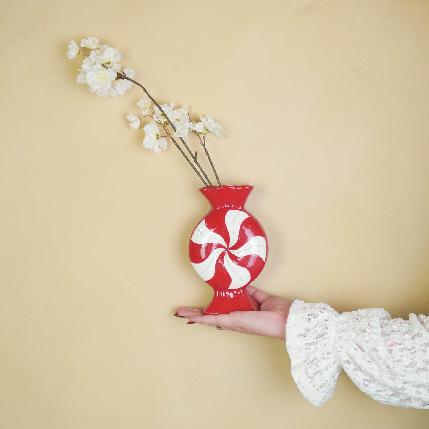 Vase à fleurs - Bonbon au caramel - -Céramique-Rouge/Blanc- 12x6,5x20cm