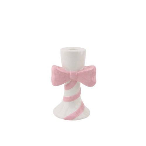 Candlestick - Stripes with Bow - White/Pink - 9x8x14cm