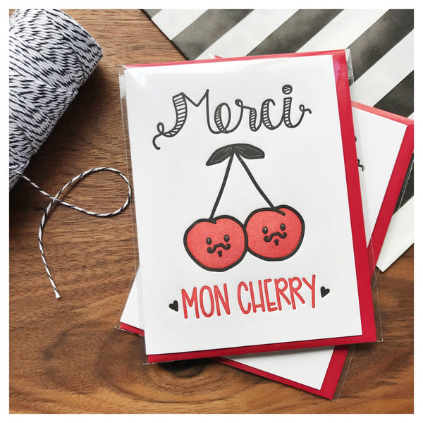 Greeting card with cherries, "Thank you, My Cherry"