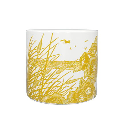 Ceramic flower pot with reeds and birds, mustard yellow