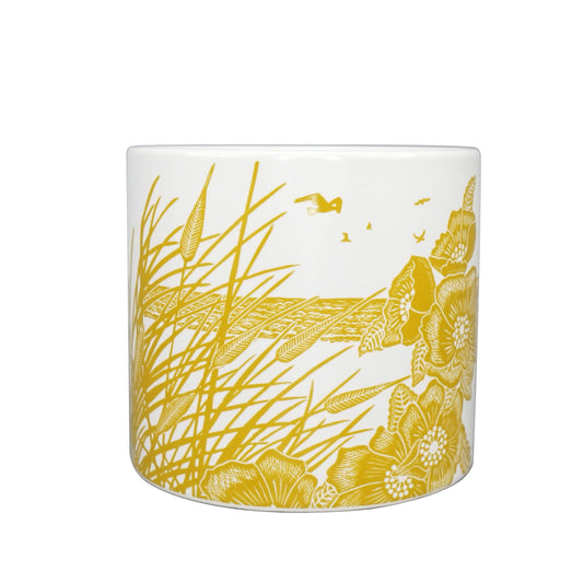 Ceramic flower pot with reeds and birds, mustard yellow