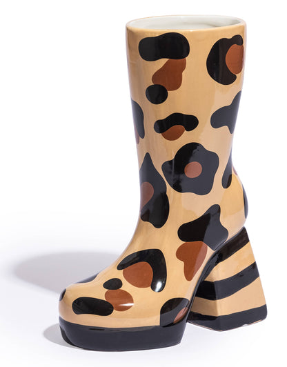 Ceramic high-heel boot vase, leopard print