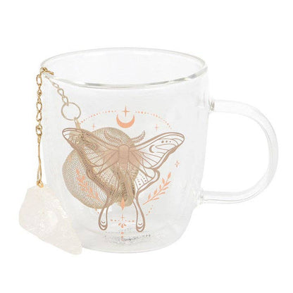 Mug en verre double paroi avec infuseur de thé en cristal et motif de Papillon lunaire