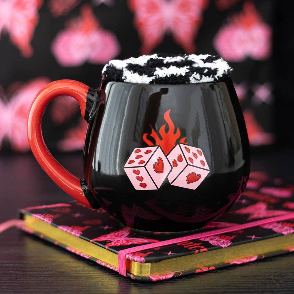 Rebel Romance Mug &amp; Socks Gift Set – Flaming Dice