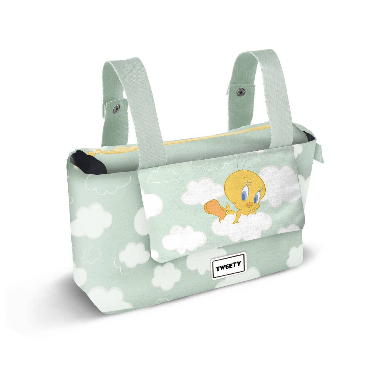 Sac Organisateur de Poussette Bébé Hamper Mommy Looney Tunes « Tweety (Titi) Clouds » – Vert