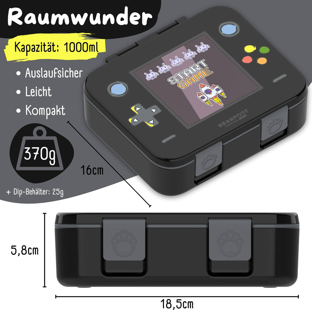 Brotdose mit Fächern, leicht & auslaufsicher - Game schwarz