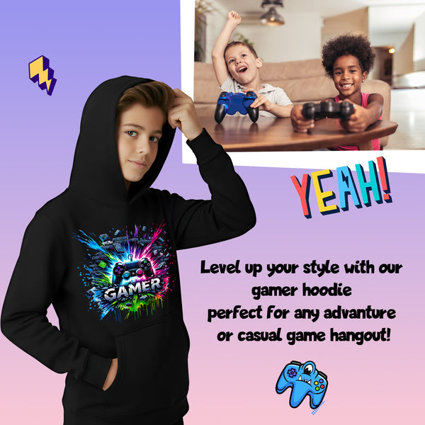 Fringoo Gamer Hoodie for Boys Cotton Rich Soft Hooded Sweatshirt - Gamer Splash Black