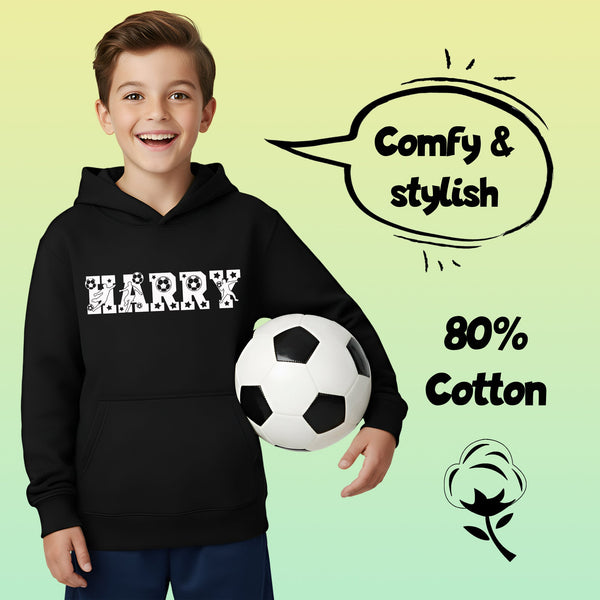 Fringoo Football Hoodie Black for Boys Cotton Rich Soft Hooded Sweatshirt - Football Alphabet Black