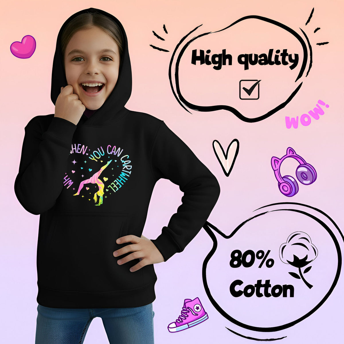 Fringoo Gymnastic Hoodie for Kids Cotton Rich Soft Hooded Sweatshirt - Gymnastic Cartwheel - Black