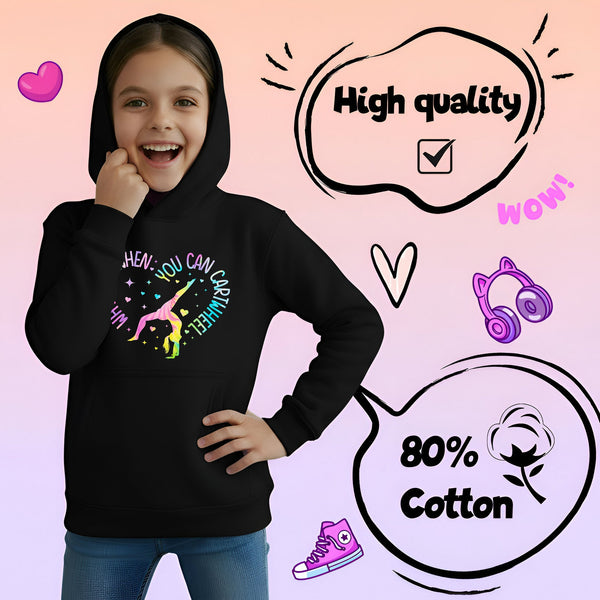 Fringoo Gymnastic Hoodie for Kids Cotton Rich Soft Hooded Sweatshirt - Gymnastic Cartwheel - Black