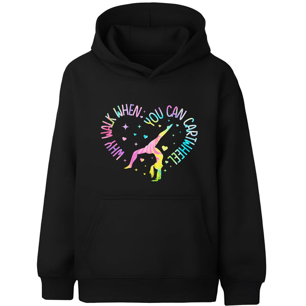 Fringoo Gymnastic Hoodie for Kids Cotton Rich Soft Hooded Sweatshirt - Gymnastic Cartwheel - Black