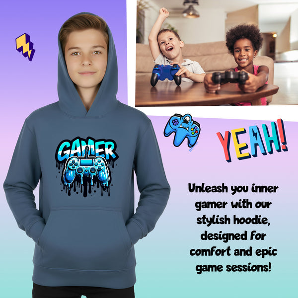 Fringoo Gamer Hoodie for Boys Cotton Rich Soft Hooded Sweatshirt - Dripping Gamer Blue