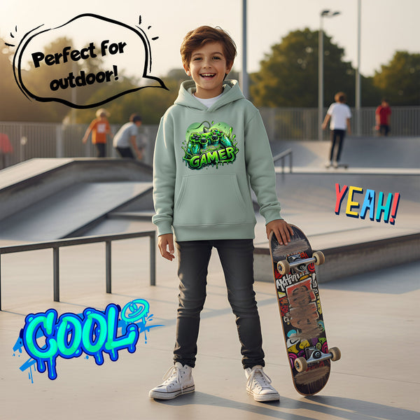 Fringoo Gamer Hoodie for Boys Cotton Rich Soft Hooded Sweatshirt - Gamer Green