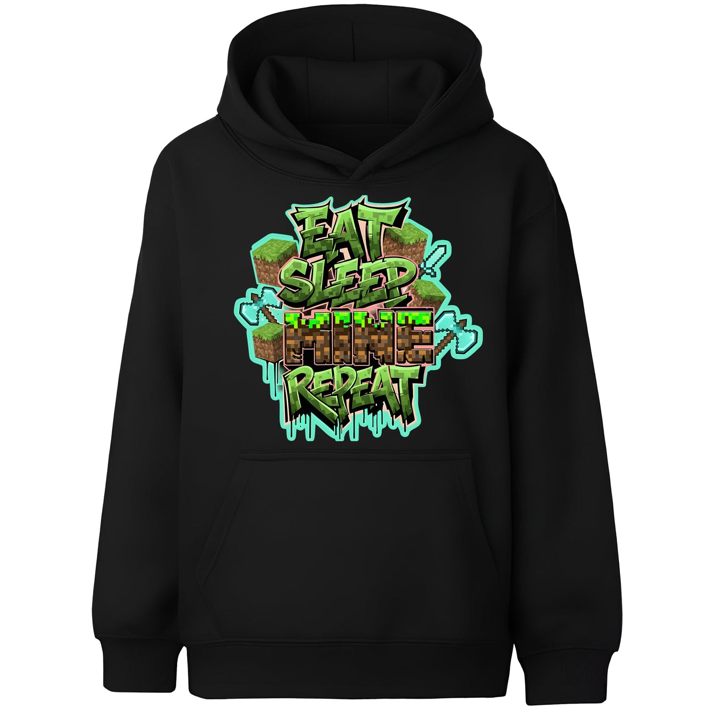 Fringoo Gamer Hoodie Grey for Boys Cotton Rich Soft Hooded Sweatshirt - Eat Minecraft Black