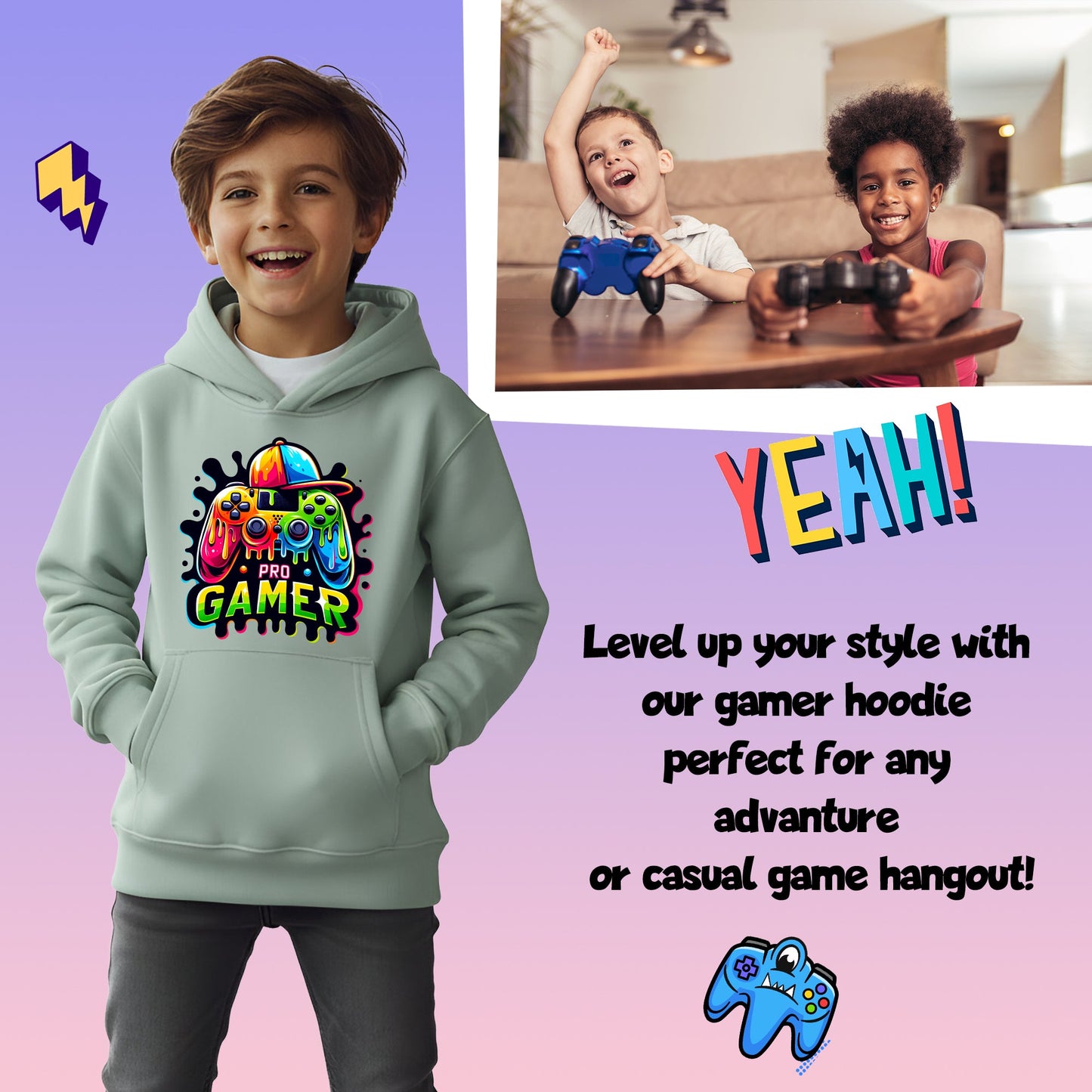 Fringoo Gamer Hoodie for Boys Cotton Rich Soft Hooded Sweatshirt - Pro Gamer Green