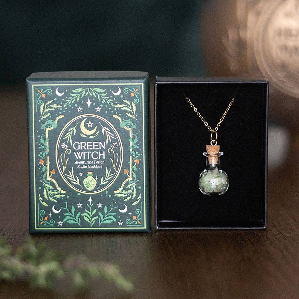 Collana con bottiglia di pozione in avventurina della strega verde