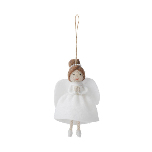 Hanging decoration in the shape of a felt angel with dark hair