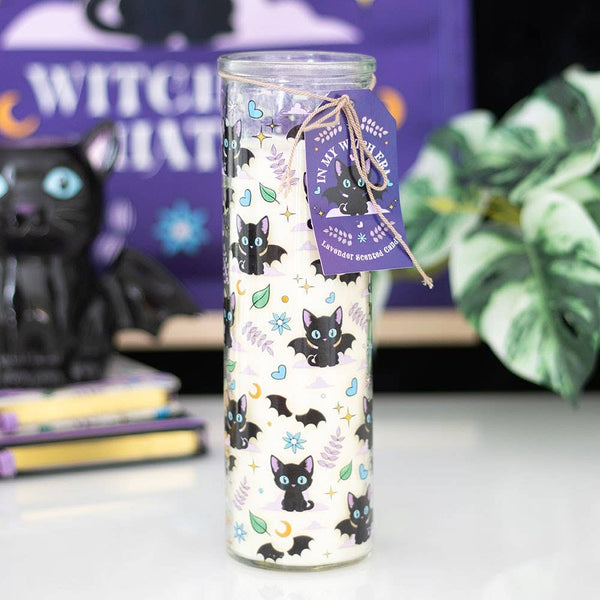 Lavender pillar candle with cute spooky bat cat print