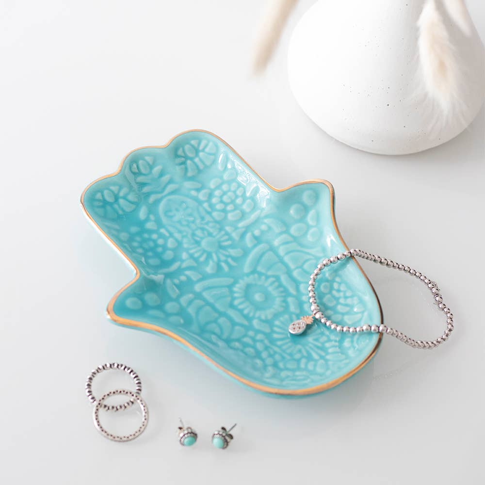 Petit plat à bijoux en céramique turquoise Main de Hamsa
