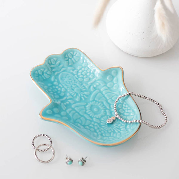 Petit plat à bijoux en céramique turquoise Main de Hamsa