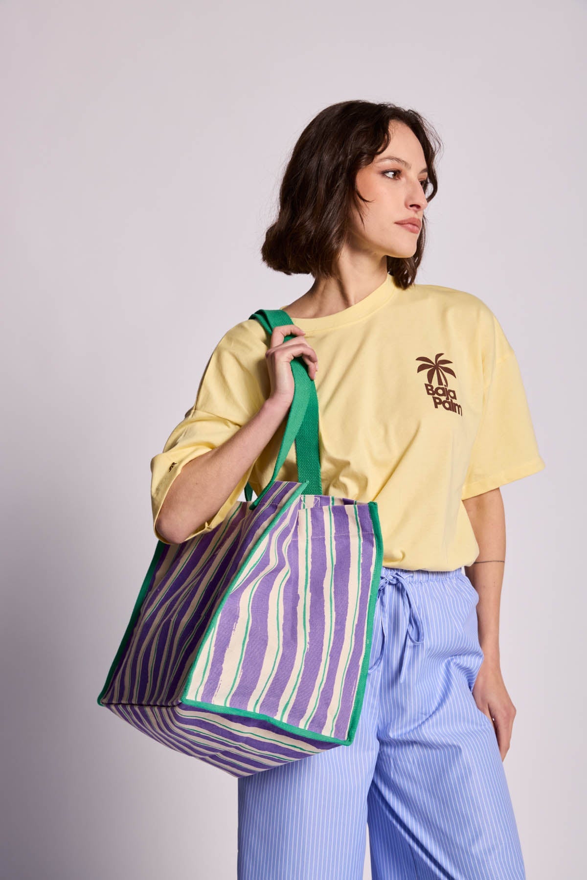 Sac cabas Claude Rayures Vert et Parme