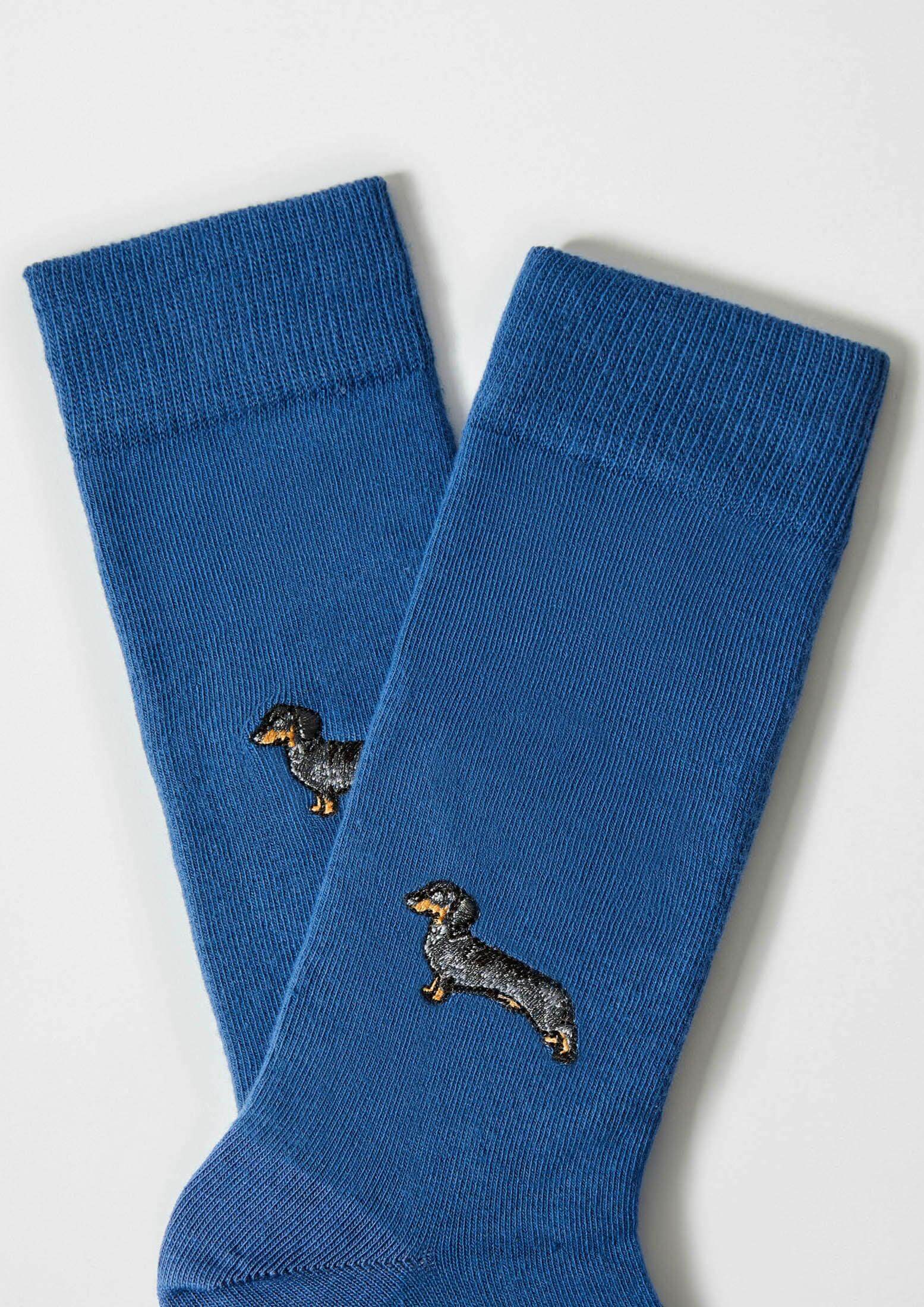 Chaussettes brodées BePets Teckel Bleu