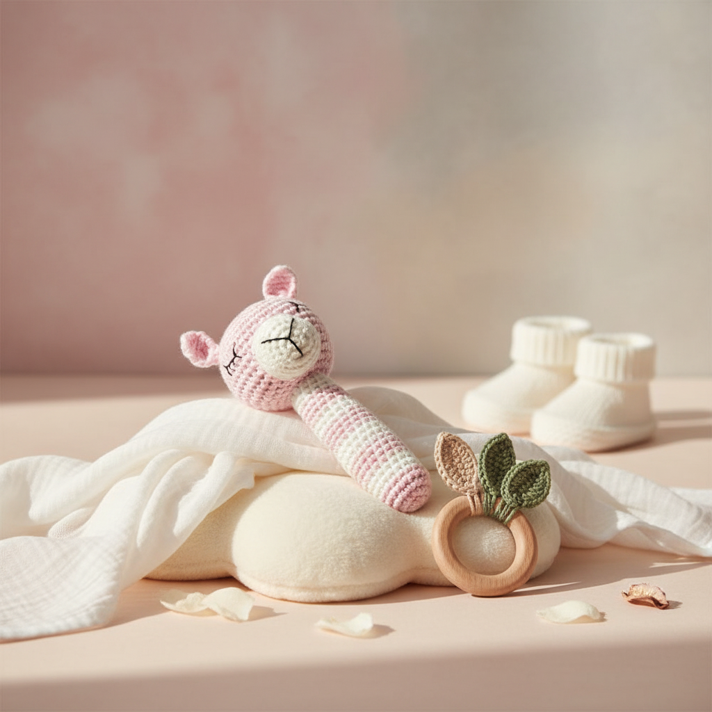 Crochet llama rattle - light pink