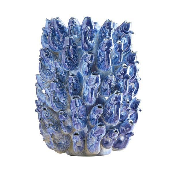 Fish school vase, blue stoneware, 24 x 24 x 32 cm