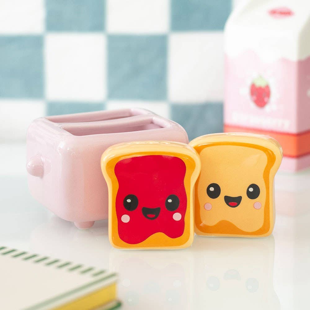 Salière et poivrière Toasts kawaii avec support grille-pain