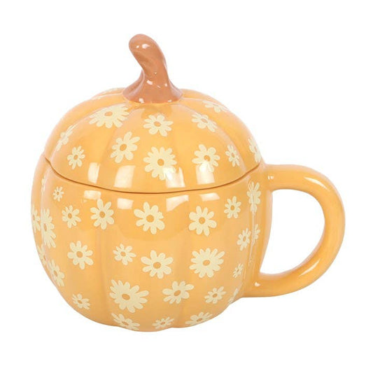 Ceramic pumpkin mug with lid and retro floral pattern