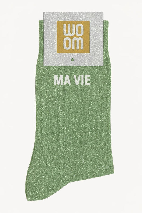 "My Life" Message Glitter Socks - Almond Green