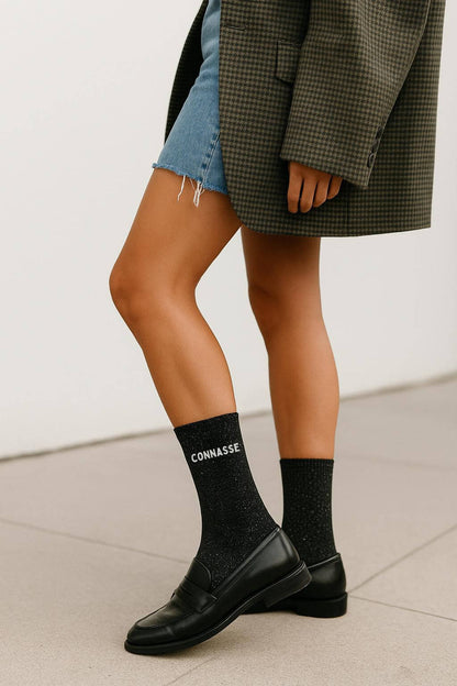 Glitter Socks with "Connasse" Message - Black
