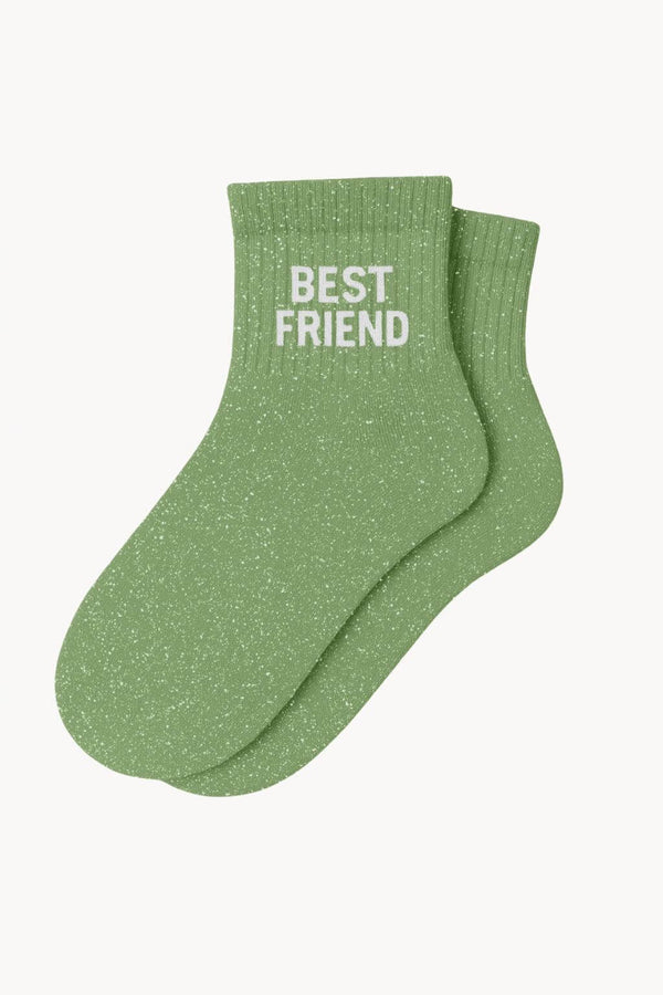 "BEST FRIEND" Short Glitter Socks - Almond Green