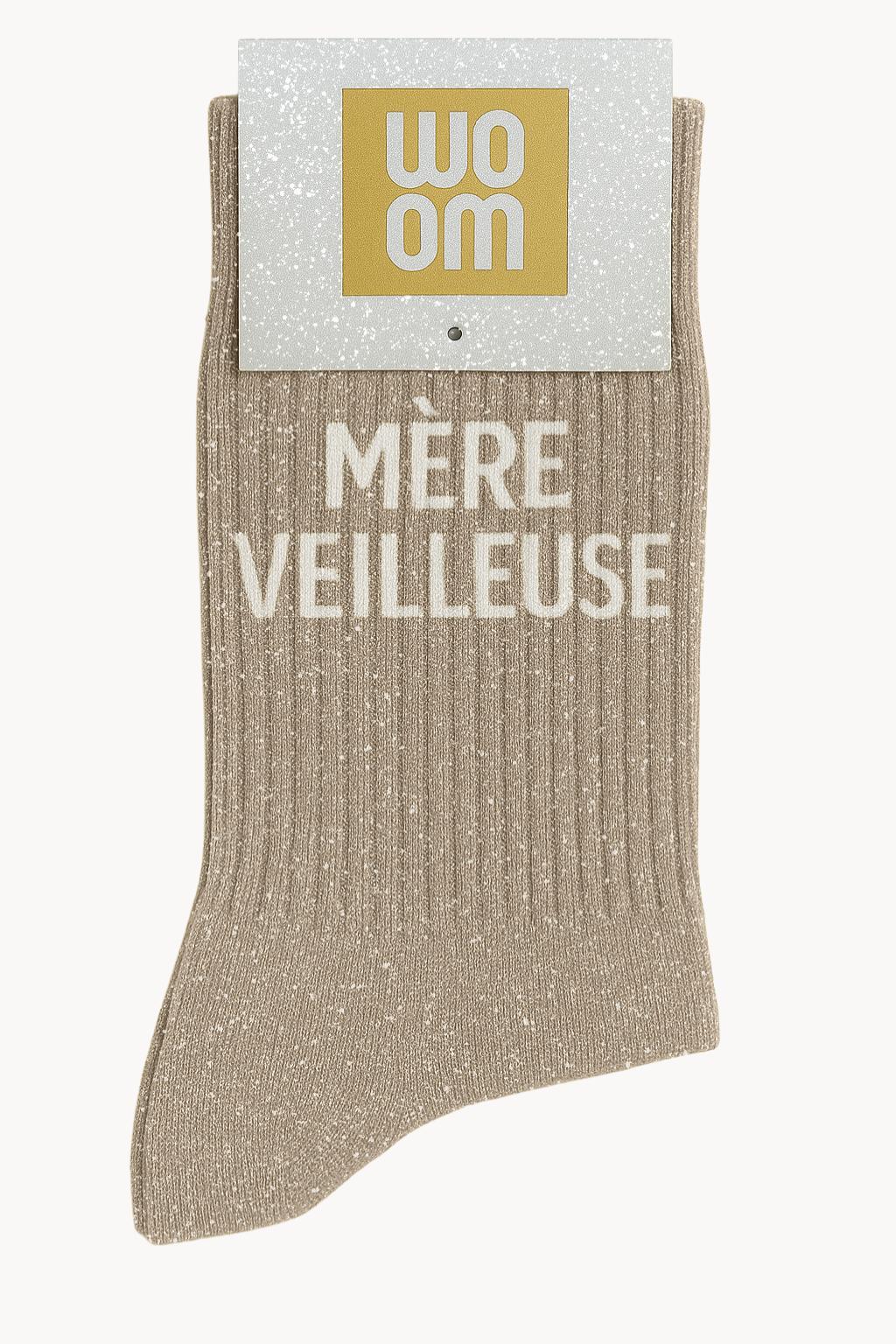Chaussettes à Paillettes à Message "Mère Veilleuse" - Beige