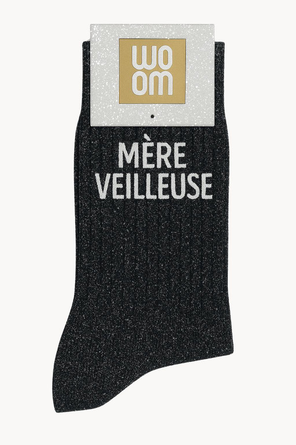 "Mère Veilleuse" Sequin Message Socks - Black