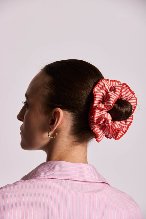 Red Striped Ruffled Scrunchie
